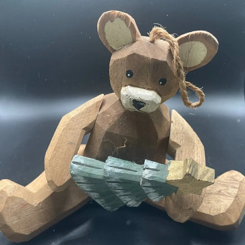 Hand Carved Jointed BEAR W/Tree Wooden Ornament Figure 9